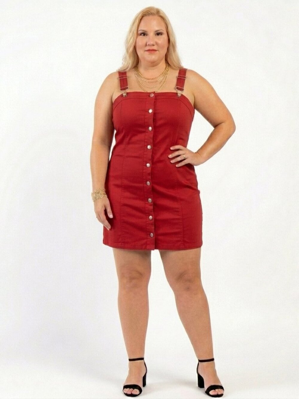 Red Denim Front Snap Button-Down Mini Dress – Plus (1X & 2X)